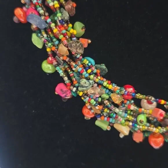 Vtg. Bohemian Beaded Necklace Artisan Rainbow Glass Beads/Semi Precious - Picture 2 of 7